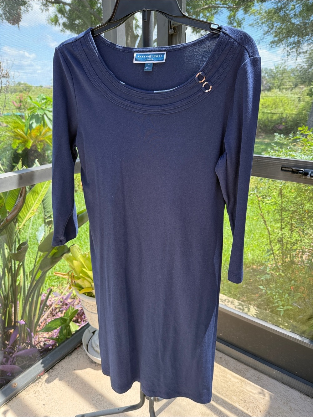 Karen Scott cotton Navy Blue Midi Dress with Ring Accent